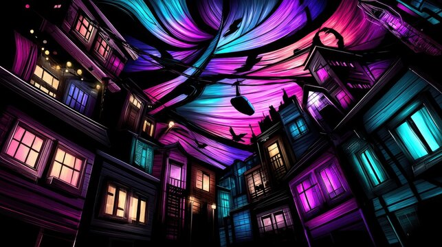 A surreal, dreamlike cityscape with buildings illuminated by colorful lights, set against a swirling, psychedelic sky. - Powered by Adobe