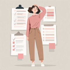 Flat design illustration of a woman looking stressed, holding her head, standing against a wall covered with several large, checked and unchecked to-do lists. Vector illustration