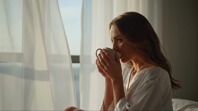 A young woman enjoys her morning coffee by the window. Relaxed person in a robe drinking a hot beverage in bed at sunrise. Quiet lifestyle and self-care concept