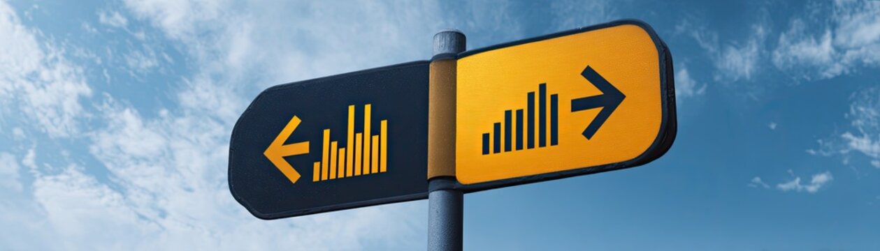 A directional sign featuring bar graph icons pointing left and right against a clear blue sky, symbolizing choices or trends.