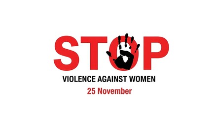 Obraz premium Stop violence against women poster with red text and a black hand print on a white background