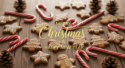 A festive wooden table adorned with an assortment of gingerbread cookies, candy canes, and pine cones, wishing 'Merry Christmas & Happy New Year'.