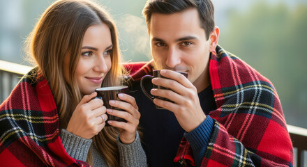 Happy young couple wrapped in a cozy plaid blanket drinking hot beverages together outdoors.