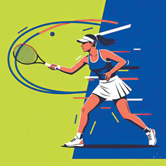 Bold, athletic vector illustration of a female tennis player in action, hitting a forehand or backhand against a split background of green and blue. Vector illustration