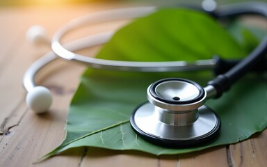 Healthcare hospital sustainability. stethoscope rests wooden surface with green leaf symbolizing healthcare and sustainability. High quality