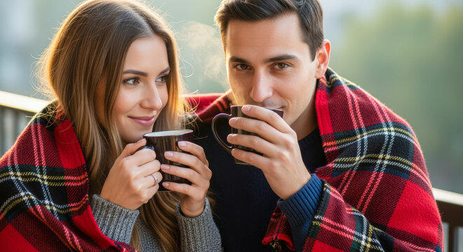 Happy young couple wrapped in a cozy plaid blanket drinking hot beverages together outdoors. - Powered by Adobe