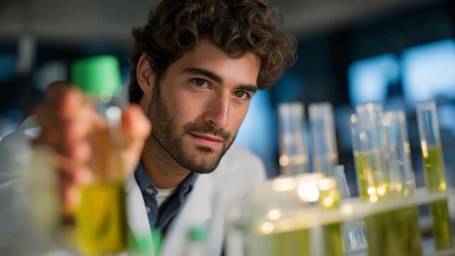 Lab technician inspecting bioreactor tubes glowing with nutrient flow, emotion of pride visible, representing cellular meat production, clean technology, and sustainable biotechnology processes.