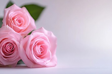 Three pink roses rest gently against a light backdrop creating a soft, minimalist aesthetic.