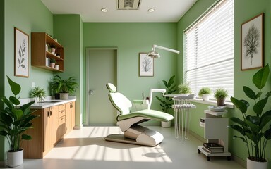 An eco-friendly dentist office using sustainable materials, energy-efficient equipment, and eco-conscious practices, perfect for promoting green healthcare solutions. High quality
