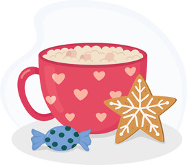 Cute still life with pink heart‑patterned cup, candy in a blue wrapper and a star‑shaped gingerbread cookie. Mug filled with cappuccino or cocoa with dessert