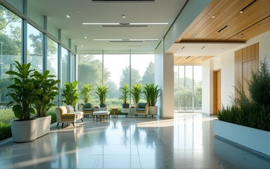 A modern healthcare facility with eco-friendly materials and large windows. High quality