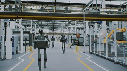 Humanoid Robots Working Automation and AI in Modern Futuristic Factory. Android Robots Moving Equipment in Clean, Automated Industrial Environments. Concept of Future of Work and AI Driven Automation.