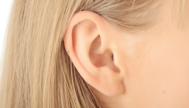 Close up of a woman s ear with blonde hair and fair skin