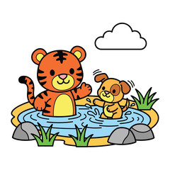 Cute Cartoon Tiger and Puppy Dog Friends Playing in Water Pond. Happy Animals Splashing and Waving in Nature Puddle for Kids Design Vector Illustration.