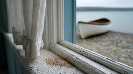 Boat by a window on a calm beach shore.