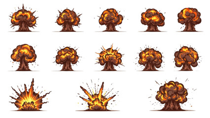 Animated game asset of powerful cartoon explosions with varying stages for destructive visual effects