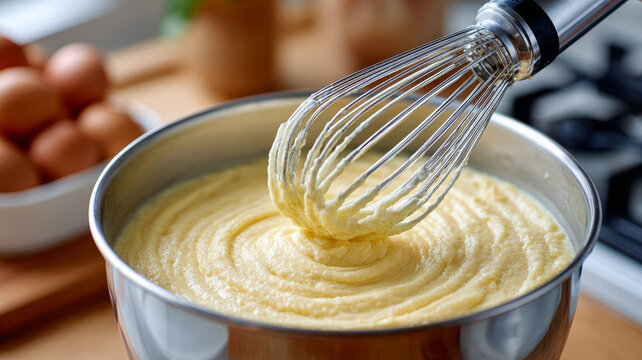 Whisk blending batter in a stainless steel mixing bowl. - Powered by Adobe