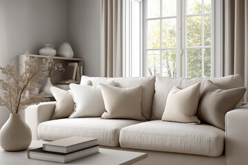 Cozy living room featuring a plush white sofa adorned with soft pillows, a minimalist coffee table, and natural light streaming through large windows, creating a serene atmosphere