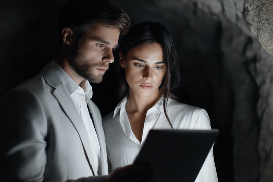 Young couple, dressed in formal attire, closely examining a digital tablet in a dimly lit environment, showcasing modern technology and collaboration in a professional setting