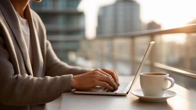 Young woman in cozy sweater typing on laptop at outdoor cafe table with coffee cup, enjoying a sunny day, showcasing remote work lifestyle and urban ambiance