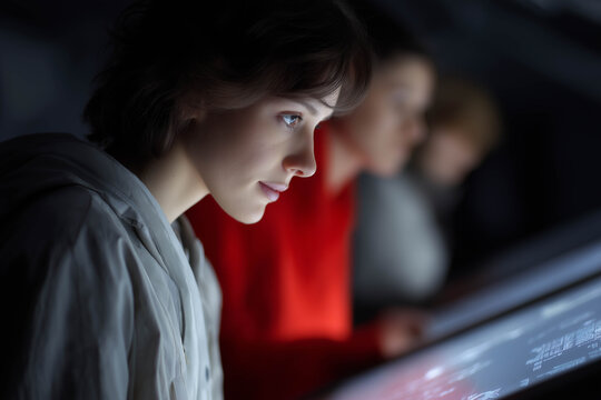 Young woman with short hair, engaged in interactive technology, illuminated by screen light, surrounded by focused individuals, exploring digital information in a modern environment