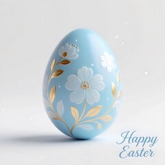 Ornate Blue Easter Egg with Gold and White Floral Decorations and "Happy Easter" Text on a Bright White Background