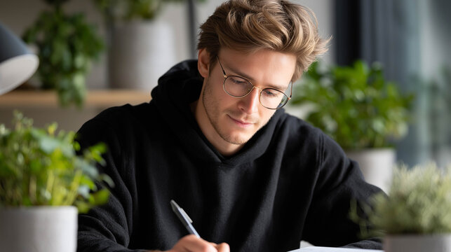 Young man with glasses, wearing a black hoodie, is focused on writing in a notebook surrounded by green plants, creating a serene and productive workspace atmosphere - Powered by Adobe