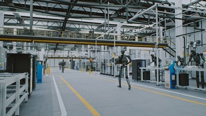 Obraz premium Humanoid Robots Working Automation and AI in Modern Futuristic Factory. Android Robots Moving Equipment in Clean, Automated Industrial Environments. Concept of Future of Work and AI Driven Automation.
