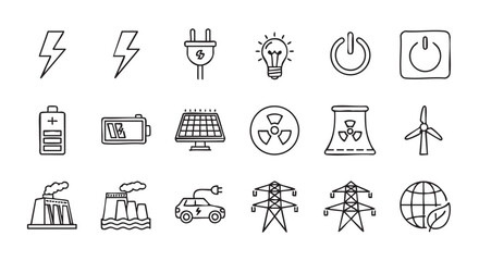 Hand drawn energy sources icon set promoting renewable solutions and sustainability