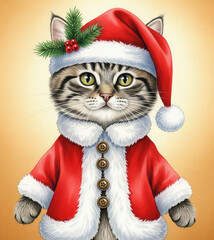 Tabby Cat Wearing Santa Hat and Coat