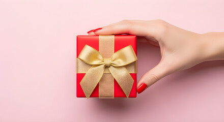 Red manicured hand holding elegant red gift box with gold bow on soft pink background, close-up festive celebration scene, bright cheerful lighting, luxury present detail, holiday surprise concept