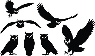 Owl silhouette illustration set, flying and perched poses, nocturnal bird icons, wildlife graphic, nature symbol, raptor design elements