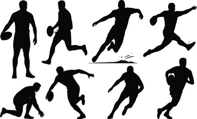Rugby silhouette illustration set, running and passing poses, athlete icons, motion graphic, sports symbol, game action design