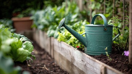 A green watering can sits beside lush, vibrant plants in a garden bed, showcasing a peaceful and nurturing gardening environment.