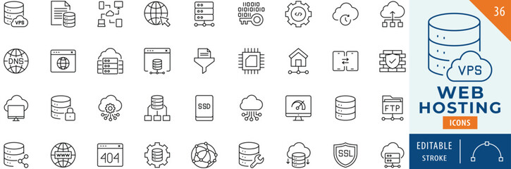 Web hosting icon collection set. Editable stroke.
