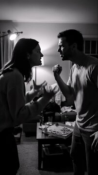 Vertical video of a couple having an intense argument at home. A man and woman shouting at each other in a dramatic black and white scene. Relationship problems and conflict concept
