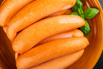 Sausage meat pork or chicken meat fast food natural tasty appetizer fresh delicious gourmet food background on the table rustic top view copy space