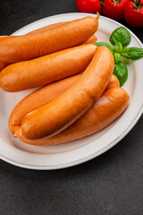 Sausage meat pork or chicken meat fast food natural tasty appetizer fresh delicious gourmet food background on the table rustic top view copy space