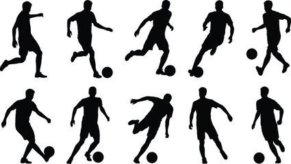 Soccer silhouette illustration set, kicking and dribbling poses, athlete icons, motion graphic, football symbol, sports action design