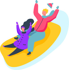 People having fun sliding on winter snow tubing ride