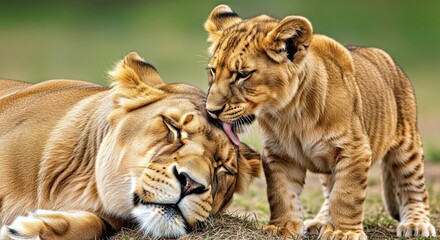 Fototapeta premium Content Lioness Lying Down With Young Lion Cub Standing Over Her