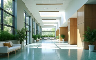 A modern healthcare facility with eco-friendly materials and large windows. High quality