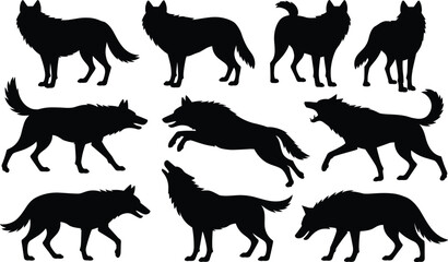 Wolf silhouette illustration set, howling and running poses, wild animal icons, nature graphic, predator symbol, motion design elements