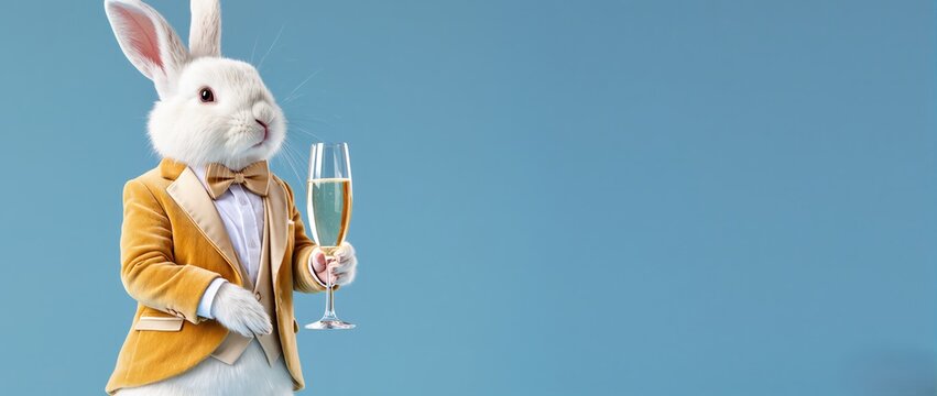 Elegant rabbit in a stylish yellow tuxedo holding a champagne glass, set against a soft blue background, perfect for festive celebrations and whimsical occasions