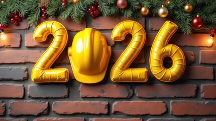 Bright yellow construction helmet placed beside festive 2026 balloons against a rustic brick wall, adorned with holiday decorations and greenery for a celebratory atmosphere
