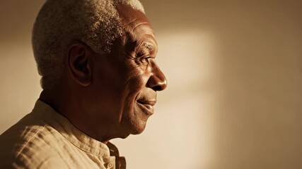 Profile view of a contemplative elderly african american man with white hair smiling peacefully, illuminated by warm sunlight against a soft background, showing wisdom and contentment