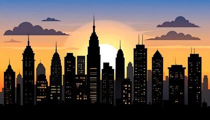 Obraz premium Silhouetted cityscape with warm sunset background and clouds