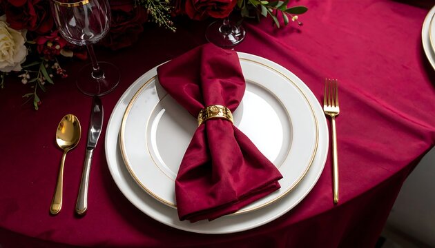 Elegant table setting featuring white plates, gold cutlery, burgundy napkin, and red roses centerpiece