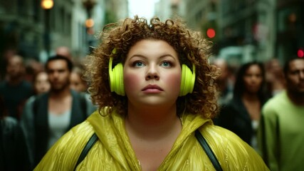 A Young Woman in a Bright Yellow Raincoat Listens to Music with Green Headphones, Lost in Thought Amidst a Bustling City Crowd, Showcasing Individuality in Urban Life
