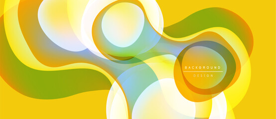 Abstract fluid shapes, vibrant colors blend. Yellow dominates, green accents present. Modern design, smooth gradients create dynamic flow. © antishock